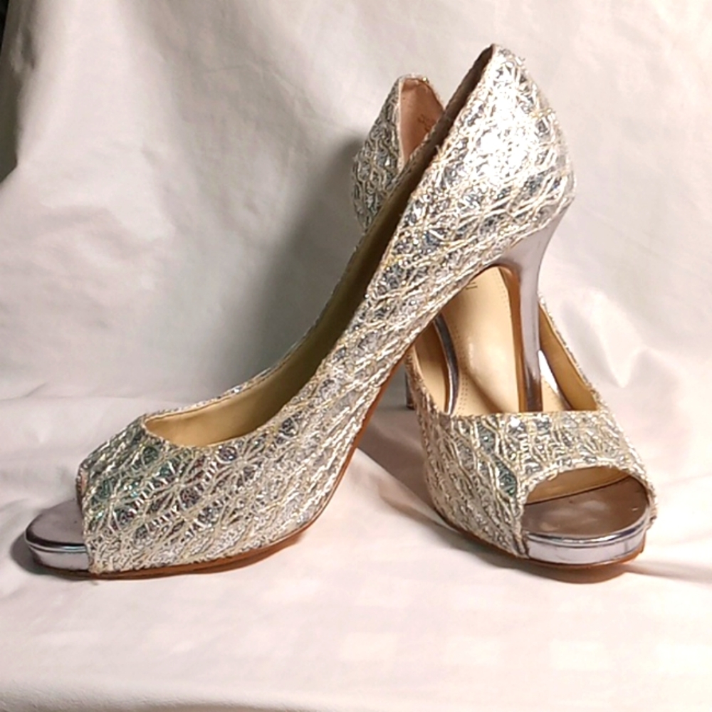 sparkly silver heels Enzo Angiolini Maiven Embroidered Open Toe
